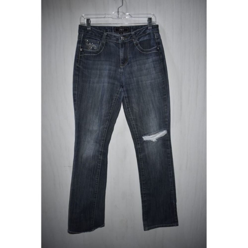 Denim Bootcut Jeans Embellished Pockets Ripped Distressed Dark Wash Size‎ 6